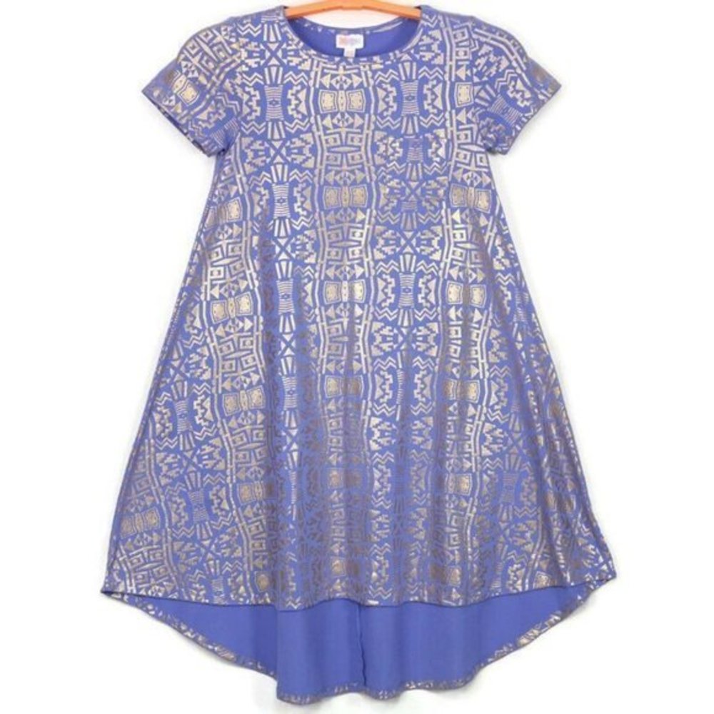 LuLaRoe Carly Elegant High Low Swing Dress Purple Gold Pocket XXS‎